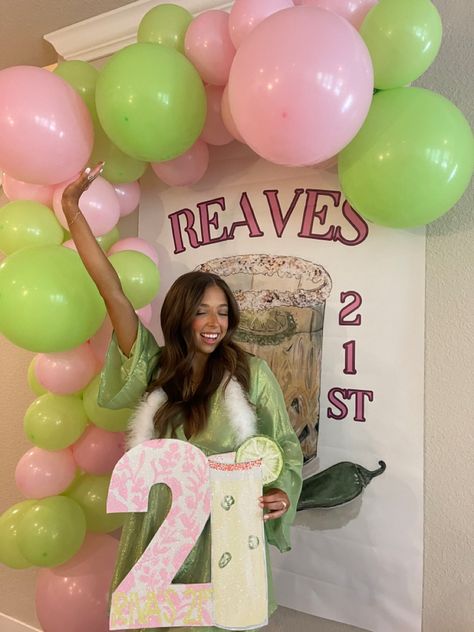 #birthday #21stbirthday Classy 21st Birthday Ideas Simple, 21st Birthday Set Up Ideas, Pink And Green 21st Birthday, Green 21st Birthday Ideas, Winter 21st Birthday Ideas, 21 Birthday Sign Around Neck, Birthday Bar Ideas, 21 Birthday Sign Ideas, 21 Sign Birthday