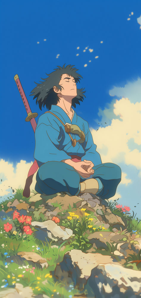 On this picture, musashi from the manga vagabond can be seen meditating on a hill surrounded by lush nature. Meditating Character, Ghibli Artstyle, Anime Meditation, Musashi Wallpaper, Monk Meditation, Zen Aesthetic, Meditation Poses, Artwork Wallpaper, Sketch Journal