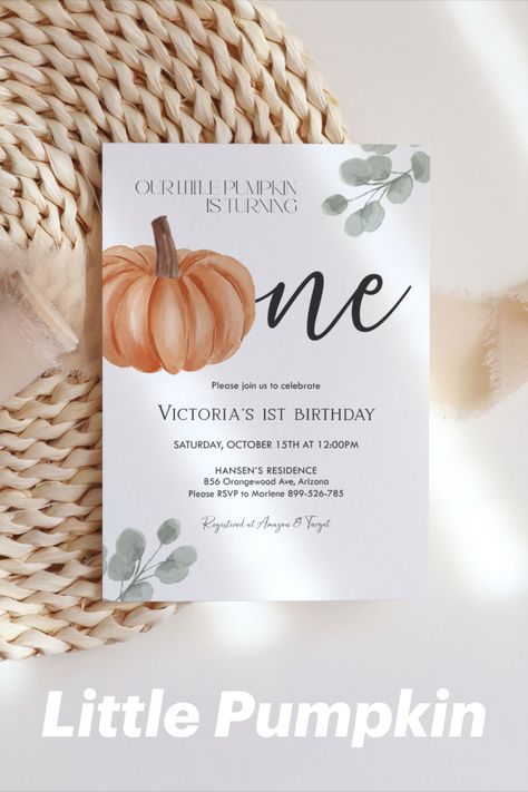 Pumpkin 1st Birthday Printable Invitation Our Little Pumpkin Is Turning One Boy, First Birthday Pumpkin Theme, Orange First Birthday, 1st Birthday Pumpkin, 1 Year Birthday Party Ideas, Fall First Birthday, Fall Birthday Invitations, Birthday Pumpkin, Pumpkin 1st Birthdays