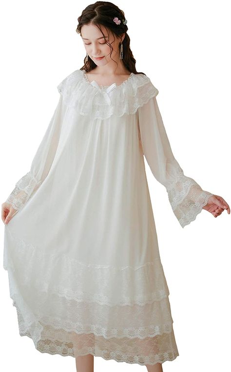 Airvid Women's Lace Vintage Victorian Nightgown Long Sleeve Sleepwear Nightdress at Amazon Women’s Clothing store Nightgown Romantic, Gown Aesthetic, Nightgown Long, Cotton Night Dress, Victorian Nightgown, Pajamas Long Sleeve, Night Gown Dress, Ruffled Gown, Sleeping Dress