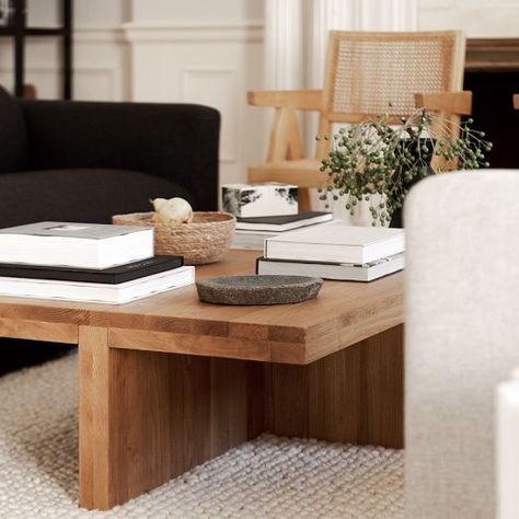 Modern Coffee Tables | West Elm Oak Coffee Table Living Room, Large Rectangle Coffee Table, Natural Coffee Table, West Elm Coffee Table, Japandi Bedroom, Sofa Wood Frame, Coffee Table Rectangle, Oak Coffee Table, Coffee Table Styling