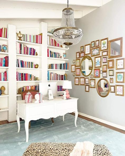 Colorful Chic Home Decor, Fun Home Aesthetic, Girly Home Library, Home Office Funky, Eccentric Office, Disney Airbnb, Colorful Library, Unique Office Design, Girly Home Office