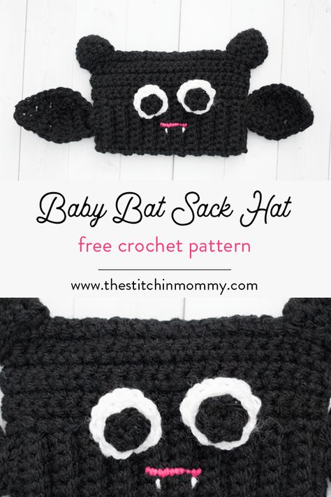 Baby Bat Sack Hat - Free Crochet Pattern | www.thestitchinmommy.com Beginner Crochet Baby Blanket, Sack Hat, Baby Blanket Ideas, Bat Hat, Crocheting Inspiration, Crochet Headwear, Crochet Bat, Crochet Beanies, Baby Bats