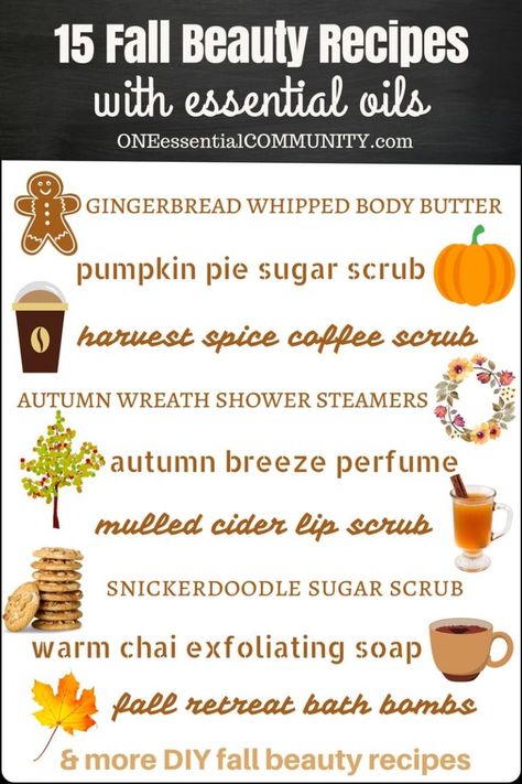 15 quick & easy DIY recipes for fall: gingerbread whipped body butter, pumpkin pie sugar scrub, coffee scrub, autumn breeze essential oil perfume, lip scrub, bath salts, chai soap, shower steamers, bath bombs, and more fall DIY essential oil recipes. natural DIY recipes, essential oil DIY, essential oil recipes, natural beauty, fall DIY recipes #essentialoilrecipes #essentialoilDIY #doTERRA #Young Living Body Butter Recipe Whipped, Coconut Oil Body Butter, Fall Scrubs, Scent Blends, Spiced Chai, Coconut Oil Body, Diy Essential Oil Recipes, Desserts Christmas, Diy Body Butter