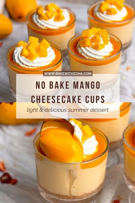 These delicious and irresistible homemade mango cheesecake cups are like mango ice-cream meet cheesecake! Creamy, light, and oh-so-delicious, they're a delightful twist on classic cheesecake that's sure to impress. Perfect for summer parties or a solo indulgence! They are easy, quick, and no-bake - grab the recipe at bakewithzoha.com Mango Cheesecake Cups, Mango No Bake Cheesecake, No Bake Mango Cheesecake Recipes, Easy Mango Desserts, Mango Cheesecake Recipe, No Bake Mango Cheesecake, Cheesecake Cups Recipe, Cheesecake Ideas, Mango Desserts