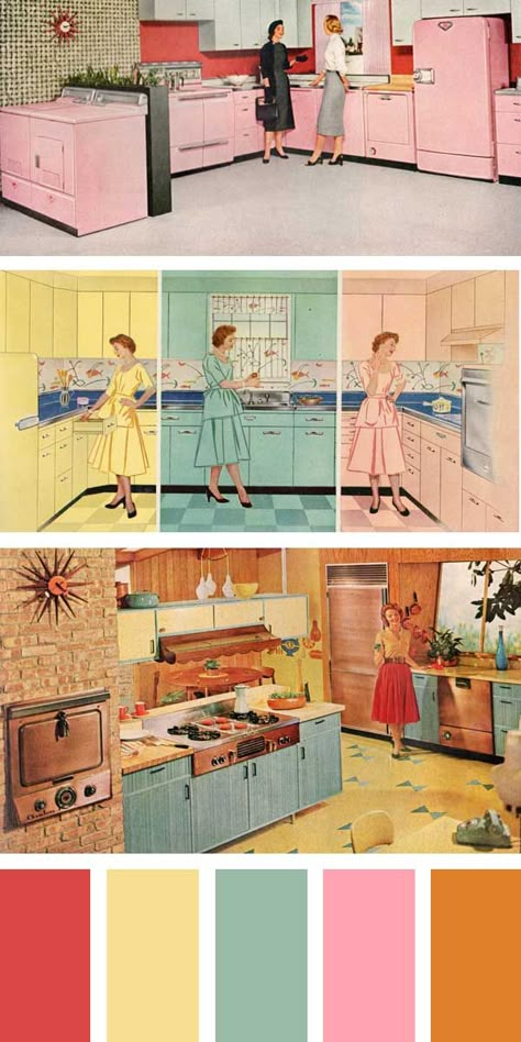 1950s Kitchen Colors - Petal Pink, Turquoise Green, Stratford Yellow, Canary Yellow, Cadet Blue, Woodtone Brown, Sherwood Green 50s Kitchen, Decoration Mirror, Yellow Canary, Strawberry Kitchen, 1950s Kitchen, Retro Kitchens, Interior Contemporary, Vintage Kitchens, Big Chill