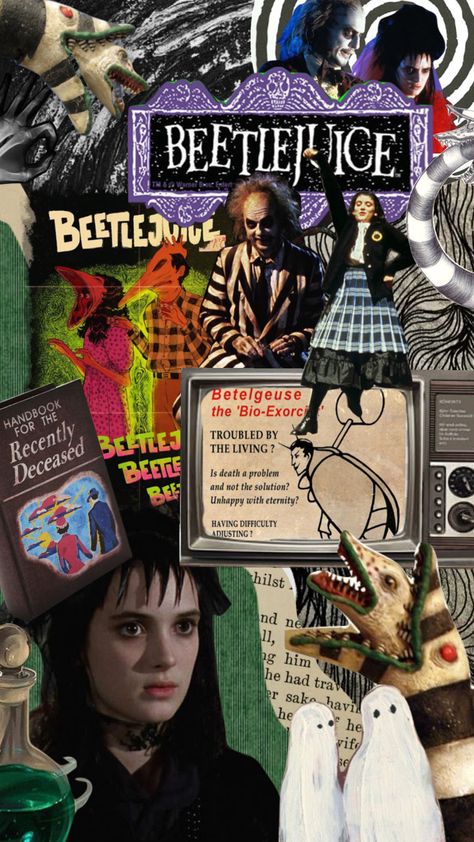 Movies Collage, Tim Burton Characters, Movie Collage, Beetlejuice Movie, Halloween Wallpaper Cute, Tim Burton Art, Iphone Wallpaper Landscape, Tim Burton Films, Scary Wallpaper