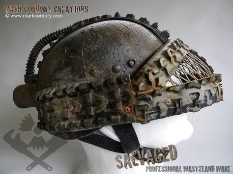 Post Apocalypse helmet armour for LARP & Airsoft. SALVAGED Ware by Mark Cordory Creations - enquiries always welcome www.markcordory.com Apocalypse Helmet, Wasteland Armor, Apocalypse Punk, Mark Cordory, Wasteland Costume, Dystopia Clothes, Apocalypse Costume, Fallout Props, Post Apocalyptic Clothing