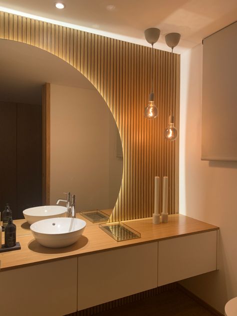 Wood wall and rounded mirror with backlight Mirror With Backlight, Rounded Mirror, Wood Mirror, Round Mirror, Wood Wall, Mirror Wall, Mirror, Wood, Wall