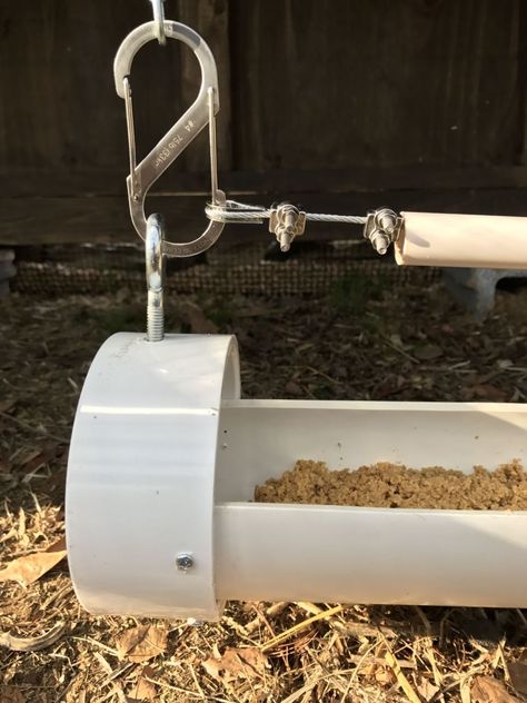 Hanging PVC feeder for fermented feed with baffle | BackYard Chickens - Learn How to Raise Chickens Diy Hanging Chicken Feeder, Pvc Feeders For Chickens, Pvc Feeder, Pvc Gravity Chicken Feeder, Chicken Tractor Feeder, Bulk Chicken Feeder, Chicken Automatic Feeder, Pvc Pipe Chicken Feeder, Hanging Chicken Feeder Ideas