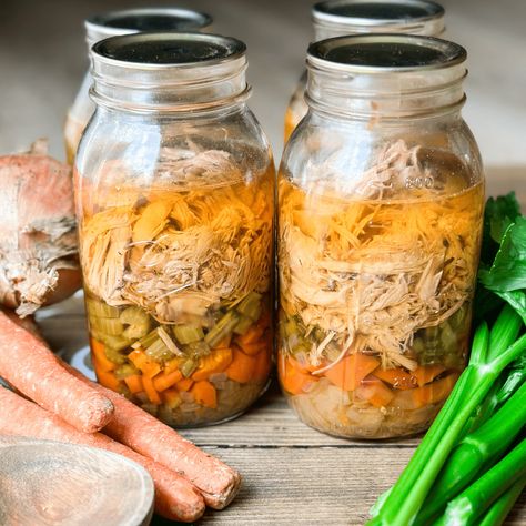 Chicken Soup To Can, Canning Chicken Noodle Soup Pressure, Pressure Canning Chicken Soup, Chicken Soup Canning Recipe, Canning Chicken Soup Recipes, How To Can Soup, Pressure Canned Chicken, Canning Chicken Noodle Soup, Canning Chicken Soup