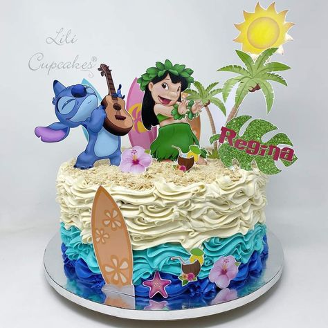 Hawaiian Stitch Cake, Stitch Birthday Cupcake Ideas, Pastel Lilo Y Stitch, Lilo And Stitch Cake, Violet Cakes, Hawaiian Cake, Stitch Cake, Minnie Cake, Lilo Et Stitch