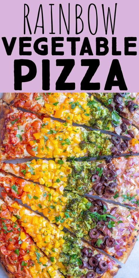 Rainbow Veggie Pizza, Rainbow Food Ideas Healthy, One Pizza Dough Recipe, Rainbow Meals, Rainbow Vegetables, Corn Broccoli, Rainbow Pizza, Rainbow Veggies, Orange Bell Pepper