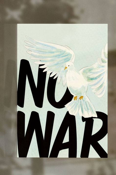 Free No War Poster template available on Canva. Get it today and show your solidarity. Pray for peace in #Ukraine 🇺🇦 Show your customers that you care. Download our free poster and hang it up in your store or office! Free A2 poster template by Take Care Creative. Available for free on Canva now. Features a watercolor dove illustration. Watercolor Dove, Peace Poster, Black Watercolor, Pray For Peace, Peace Art, A2 Poster, Free Poster, Business Signs, Posters Printable