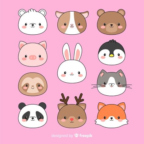 Hand drawn kawaii animal faces ... Kawaii Faces Cute, Animal Cute Illustration, Cute Animal Faces, Kawaii Ideas, Doodles Kawaii, Nature Cartoon, Vector Animals, Animal Vector, Arte Do Kawaii