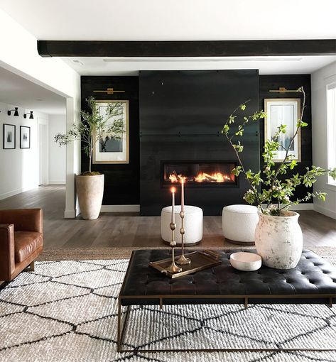 Black Living Room Fireplace, Black Fireplace With Tv Above, Modern Living Room Black Fireplace, Black Fireplace And Wall, All Black Fireplace Wall, Black Accent Wall Fireplace, Black Accent Wall Living Room Fireplaces, Moody Contemporary Living Room, Black Fireplace Wall With Tv