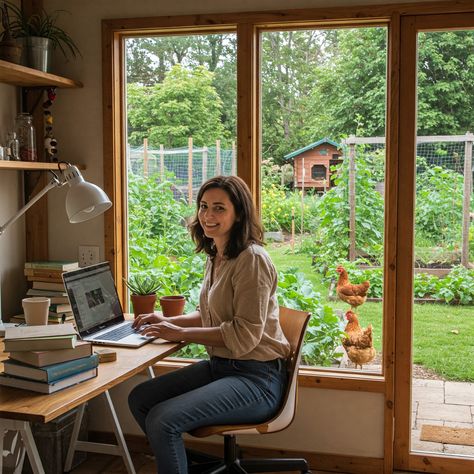 generate a picture of a work from home mom who is a UX designer, who also homesteads with chickens and a garden and is earthy, natural and crunchy Work From Home Mom, Ux Designer, Work From Home Moms, Ux Design, Work From Home, A Garden, Working From Home, Design