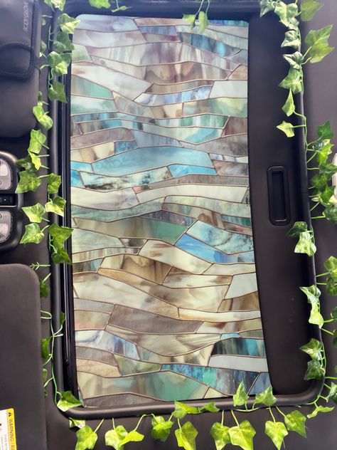 Decorated Car Exterior, Car Window Stickers Aesthetic, Car Dash Painting Ideas, Stained Glass Sunroof Car, Car Roof Interior Diy, Sunroof Car Aesthetic, Princess Passenger, Salon Decor Studio, Car Makeover