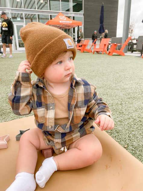 Flannel Outfits Boys, Boy Flannel Outfit, Carhart Beanie, Baby Boy Fall Outfits, Baby Clothes Country, Boys Flannel, Knit Beanies, Boys Fall Outfits