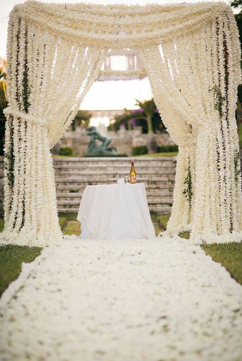 Love the long drapes of the white flowers Wisteria Garland, White Jasmine Flower, Wedding Ceremony Decorations Outdoor, Wedding Chuppah, Bahamas Wedding, White Wisteria, Flower Curtain, Wedding Altars, Jasmine Flower