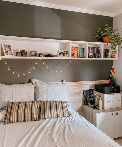 Over Bed Shelving Ideas, Over The Bed Shelves, Long Shelf Above Bed, Bed In Corner Of Room Against Wall Ideas, Shelf Over Bed Ideas, Bookshelf Above Bed, Over Bed Shelf, Over The Bed Shelf, Shelving Above Bed