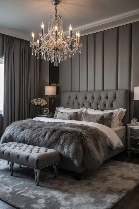 Luxe Grey Bedroom, Grey Bed Bedroom Decor, Gray Upholstered Headboard Bedroom Ideas, Gray Duvet Bedroom Ideas, Dark Grey And White Bedroom, Grey Tufted Headboard Bedroom, Luxury Grey Bedroom, Grey Themed Bedroom, Gray Bedroom Decor