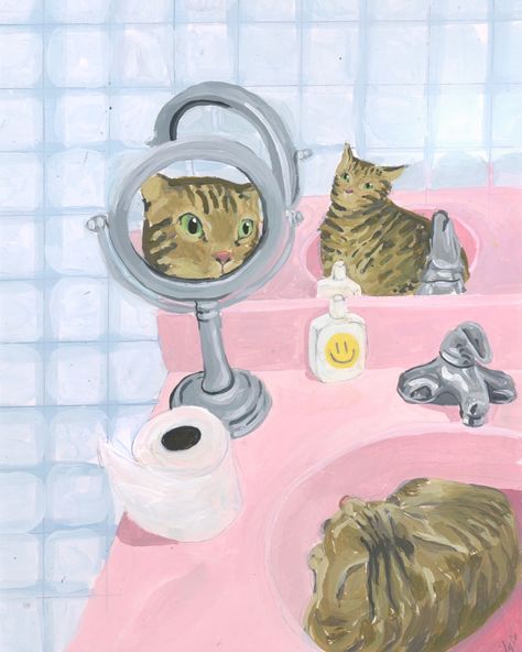 Self Reflection – Hazel Laine Artwork Aesthetic, Bathroom Artwork, 11x14 Print, Art Things, Self Reflection, Bathroom Art, Painting Bathroom, Pink Cat, Picture Collage