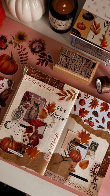 Hedi on Instagram: "I love scrapbooking and making a fall spread seemed like a perfect hobby to do to get ready for the autumnal vibes 🍂🍁  #fall2024 #cozyhobbies #fallhobbies #cozyroom #cozyvibes #cozythings #cozyhome #falldecor #fallvibes #autumnvibes #autumnvibes🍁 #autumncolors" Cozy Fall Crafts, Autumn Journaling Aesthetic, Journaling Fall Aesthetic, Fall Hobbies, Cozy Hobbies, October Daily Scrapbook, Journal Autumn, Bullet Journal Autumn Theme, Fall Notebook