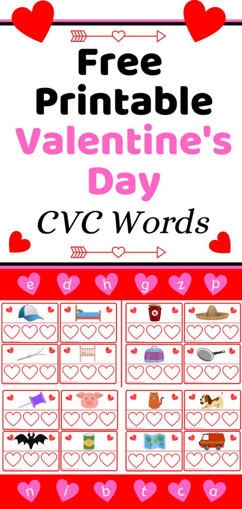 Here's a free printable Valentine's Day CVC words game that your little one's will love to play to practice their early reading and writing skills! From sounding out and blending to improving their writing skills! #freeprintables #kidsprintables #kids #preschool #pre-k #kindergarten #valentinesday Valentines Cvc Activities, Cvc Word Worksheets, Cvc Word Games, Kindergarten February, Valentine Bingo, Cvc Words Worksheets, Kindergarten Valentines, Cvc Activities, Cvc Words Kindergarten