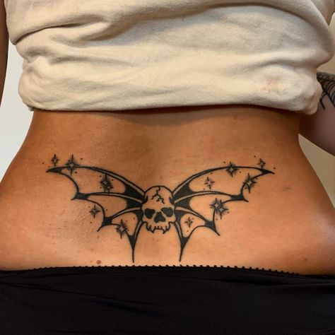 Spiderweb Tattoo Women, Spiderweb Tramp Stamp, Alternative Tramp Stamp, Bat Tramp Stamp Tattoos, Traditional Tramp Stamp, Spooky Tramp Stamp, Edgy Tramp Stamp, Middle Of Chest Tattoo, Spider Tramp Stamp