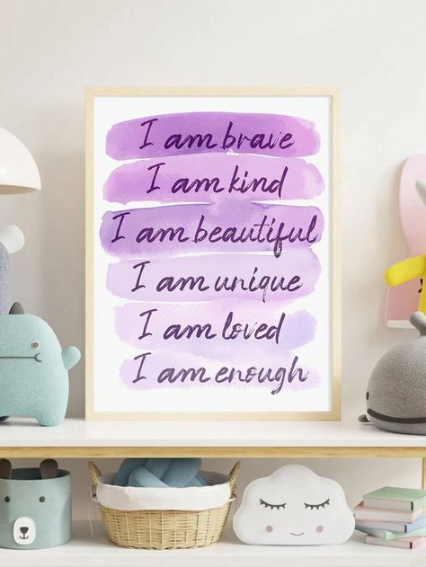 1pc Positive Affirmation Room Wall Art, Canvas Print With Inspirational Quote, Suitable For Girls' Purple Bedroom, Nursery, Baby Shower Gift, UnframedI discovered amazing products on SHEIN.com, come check them out! Lavender And Gold Bedroom Ideas, Cream And Lavender Bedroom, Pastel Purple Kids Room, Sage Green And Lavender Nursery, Lilac Bedroom Ideas Kids, Pastel Purple Room Decor, Diy Baby Nursery Decor, Purple Theme Bedroom, Lavender Girls Bedroom