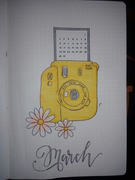 Polaroid Camera Aesthetic Drawing, March Bujo Spread, March Bujo, April Bullet Journal, Bullet Journal Monthly, March Bullet Journal, Bullet Journal Monthly Spread, Camera Drawing, Journal Books