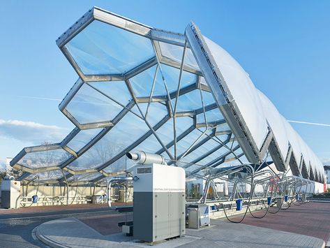 Suspended roof in Kehl: ETFE roof and ... Etfe Roof, Car Wash Station, Film Structure, Wash Station, Train Station Architecture, Steel Structure Buildings, Membrane Roof, Concept Models Architecture, Facade Architecture Design