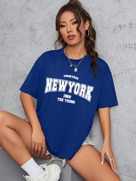 Royal Blue Casual Collar Half Sleeve Fabric Letter  Embellished Slight Stretch Summer Women Clothing Blue Tee Outfit, Style Vert, Royal Blue T Shirt, Drop Shoulder Tee, Autumn T Shirts, Tee Outfit, Coral Blue, Women T Shirts, T Shirt Oversized