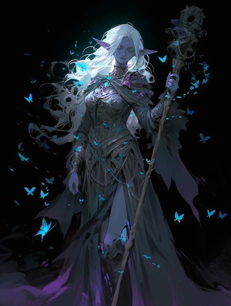 Astral Elf Sorcerer, Druid Of Stars, Astral Elf Female Dnd, Dark Elf Druid, Moon Sorcerer, Astral Elf Dnd, Dnd Wolf, Drow Druid, Moonshadow Elf