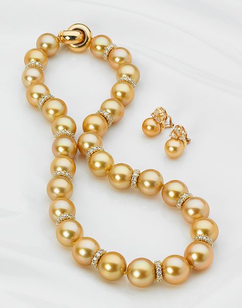 Golden South Sea Pearl Necklace and Earrings with Diamond Rondells ~ Golden Pearl Necklace, Pearl Necklace And Earrings, South Sea Pearl Necklace, Golden Pearl, Expensive Jewelry Luxury, Pearl Jewels, Pearl Necklace Designs, Pearl And Diamond Necklace, Beaded Necklace Designs