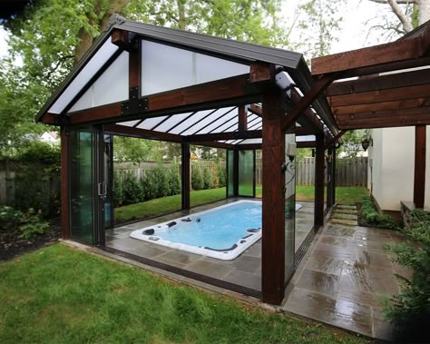 Indoor Swim Spa, Swim Spa Deck, Swim Spa Landscaping, Small Indoor Pool, Ideas De Piscina, Indoor Pool House, Swimming Pool Enclosures, Indoor Swimming Pool Design, Hot Tub Swim Spa