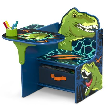 This Dinosaur Chair Desk with Storage Bin by Delta Children offers kids the perfect spot for snack time, crafts, playtime or homework. This smart and sturdy chair with colorful Tyrannosaurus rex graphics also features a built-in cup holder to hold markers, plus a fabric storage bin underneath for additional art supplies or toys. Perfectly sized, this durable chair and desk combo has a large work surface and low height that makes it easy for preschool kids and toddlers to get in and out on their Dinosaur Chair, Toddler Desk, Fabric Storage Bin, Dinosaur Room, Chair Desk, Desk With Storage, Fabric Storage Bins, Kids Table And Chairs, Delta Children