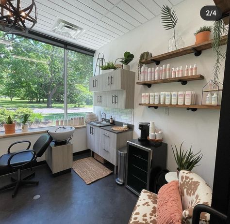 Salon Studio Storage Ideas, Small Town Hair Salon, Hair Salon In Shed, Mini Salon Decor, Salon Suite No Windows, Hair Salon In Garage, Mini Fridge In Salon Suite, Small Home Hair Salon, Salon Suite Station Ideas