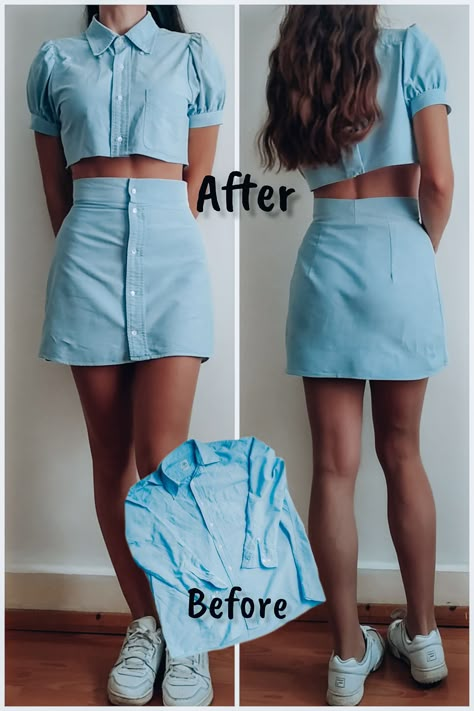 Turning A Dress Into A Two Piece, Skirt Out Of Shirt, Recycling Shirts Ideas, Clothing Flip Diy, Make New Clothes From Old Clothes, T Shirt Craft Ideas, Recycling Clothes Ideas Upcycling, Upcycle Dress Shirt, How To Make A Skirt Out Of A Shirt