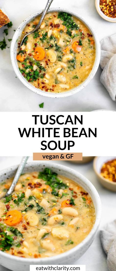 This vegan tuscan white bean soup is hearty, fresh and perfect for meal prep. It's a vegan and vegetarian soup recipe that is high in protein, made in one pot and filled with delicious herbs. With kale and italian herbs, this creamy white bean soup is the perfect cold weather and meal prep recipe! #whitebeansoup #tuscanwhitebeansoup White Bean Recipes Italian, Tuscan Bean Soup With Kale, White Bean Instant Pot Soup, Vegetarian White Bean Chili Crockpot, Crockpot Tuscan White Bean Soup, Tuscan White Bean Stew, Northern White Bean Soup, Creamy White Bean And Kale Soup, Ground Turkey White Bean Kale Soup