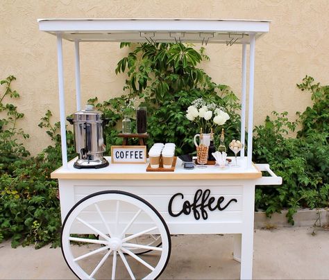 Coffee Bar Ideas Station Party, Wedding Drink Station Bar Carts, Coffee Bar At A Wedding, Coffee Cart Weddings, Coffee Cart For Wedding, Coffee Bar For Event, Coffee Cart At Wedding, Corporate Coffee Bar, Chai Cart Wedding