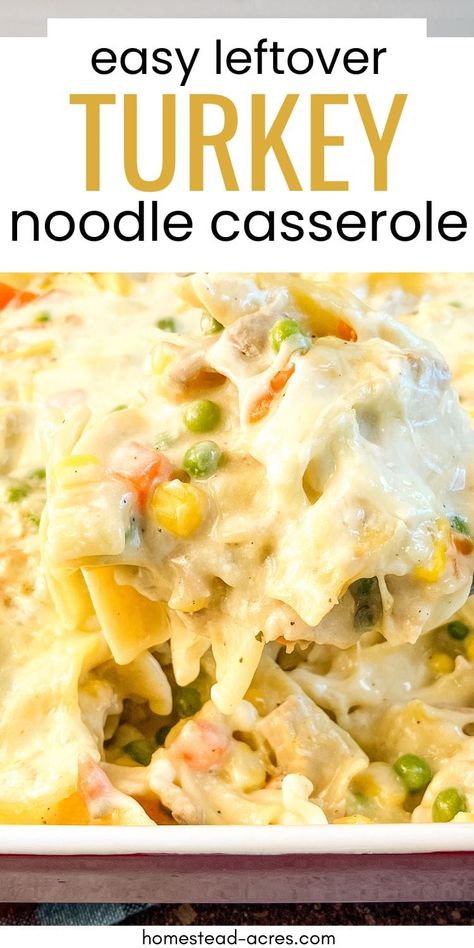 Wondering what to make with Thanksgiving leftovers? Try this easy turkey noodle casserole! Packed with creamy goodness, it's the best way to give new life to leftover turkey. This dinner recipe is super simple, perfect for busy weeknights, and a family favorite. Turn your leftovers into an amazing casserole dish that everyone will love. If you're hunting for easy dinner ideas, look no further! From our kitchen to yours, cook up love and warmth with this irresistible meal. Leftovers From Thanksgiving, Meals To Make With Turkey Meat, Easy Turkey Noodle Casserole, Leftover Turkey Enchiladas Recipes, Crockpot Turkey Casserole Recipes, Recipes With Shredded Turkey, Leftover Turkey And Noodles Recipe, Left Over Thanksgiving Turkey Recipe, Thanksgiving Turkey Casserole