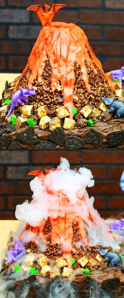 Erupting Volcano Cake {With Dry Ice Smoke} - CakeWhiz Volcano Cupcake Cake, Volcano Bundt Cake Dinosaur Party, Donut Volcano Cake, Volcano Cake Ideas, Volcano Snacks, Volcano Cakes For Kids, Food Volcano, Erupting Volcano Cake, Volcano Birthday Cake