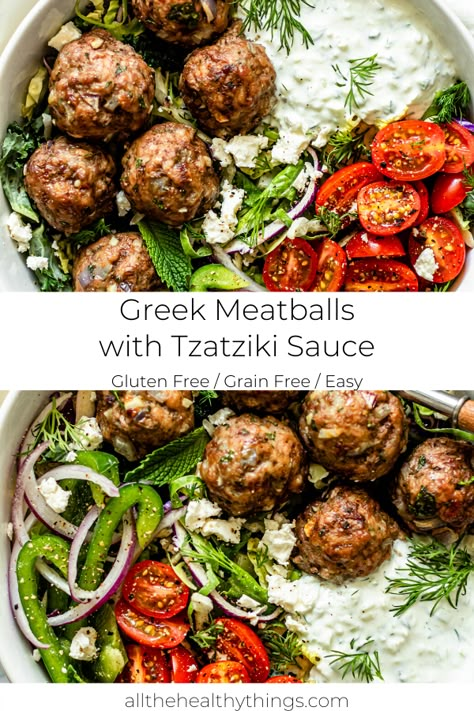 Greek Meatball Bowl Recipe, Quick Guest Snacks, Greek Ground Chicken Bowls, Fresh Veggie Meals, Easy Food Bowl Recipes, Greek Entrees Dinners, What To Eat With Tzatziki Sauce, Greek Low Carb Recipes, Healthy Greek Meatballs