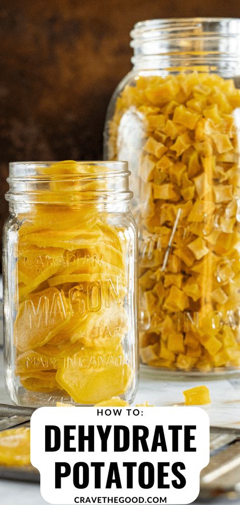 Preserve the garden harvest with these delicious dehydrated potatoes. I'll teach you exactly how I dehydrate potatoes, how to reconstitute them, and how to use your dehydrated potatoes! Dehydrating potatoes is super easy and rewarding! | cravethegood.com Dehydrating Potatoes, Dehydrated Potatoes, Dehydrator Recipes Fruit, Dehydrating Food Storage, Dehydrate Potatoes, Food Dehydration, Potatoes Easy, Dehydrated Vegetables, Canning Food Preservation