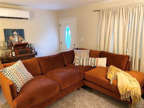 Rustic Orange Couch, Rust Color Sofa Living Room, Rust Orange Sofa, Terra Cotta Couch, Rust Orange Couch, Burnt Orange Sectional, Rust Sofa Living Room, Rust Sectional, Rust Couch Living Room Ideas