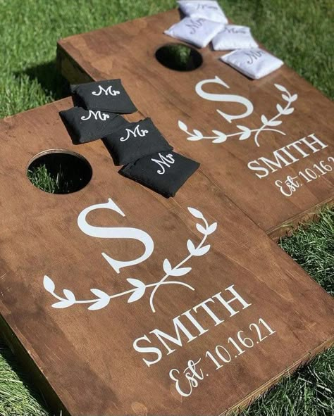 Wedding Bag Boards Corn Hole, Wedding Reception Cornhole, Cornhole Boards Diy Wedding, Engagement Party Yard Games, Wedding Bags Boards, Rustic Cornhole Boards, Customized Corn Hole Boards, Cornhole For Wedding, Personalized Corn Hole Boards