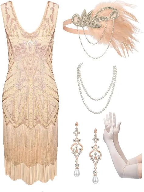 Amazon.com : The Great Gatsby Costumes Great Gatsby Party Dress, 20s Accessories, Flapper Dress 1920s, Long Satin Gloves, Carnival Halloween Party, Fringe Dresses, Vintage Flapper Dress, Gatsby Party Dress, Gloves Dress