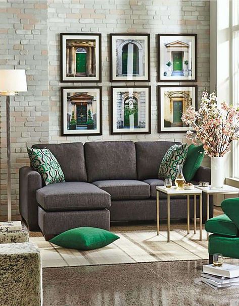 Design Mistakes: The 3 Biggest Color Palette Missteps (& How to Get it Right) - Emily Henderson Green Sofa Design, Emerald Green Living Room, Emerald Green Sofa, Gray Living Room Design, Grey Furniture Living Room, Sofa Green, Small Sectional Sofa, Casa Clean, Stone Floors